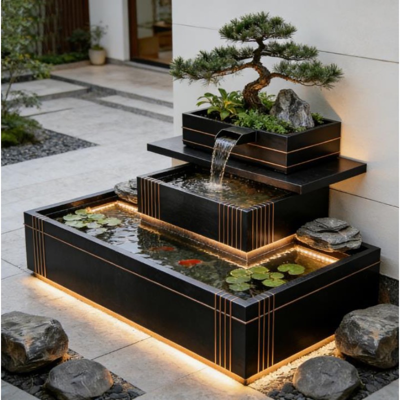 Bonsai Garden With Koi Pond - Edelstahl-Wasserfall-Feature - Luxuriöser Outdoor-Koi-Teich mit Bonsai-Pflanzgefäß,